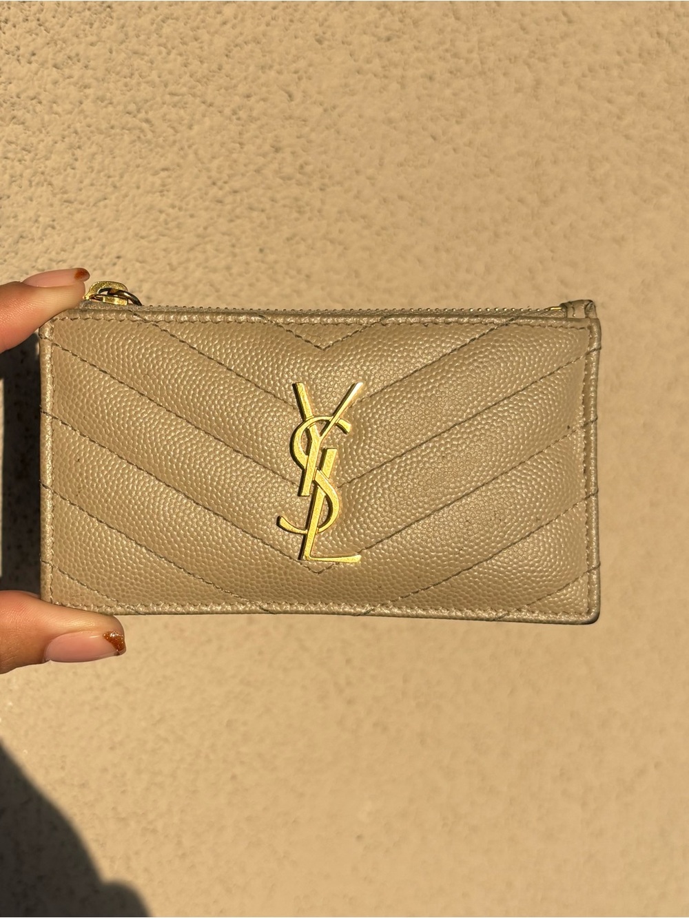 YSL Cassandre Matelassé Zipped Card Case in Leather Beige